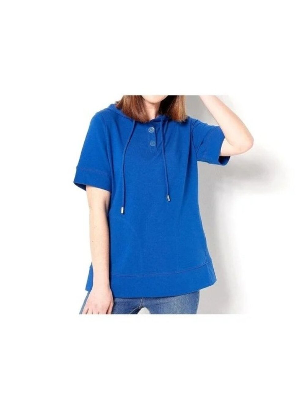 Joan Rivers Hoodie XXS French Terry Short Sleeve Bright Blue Cotton Blend NEW